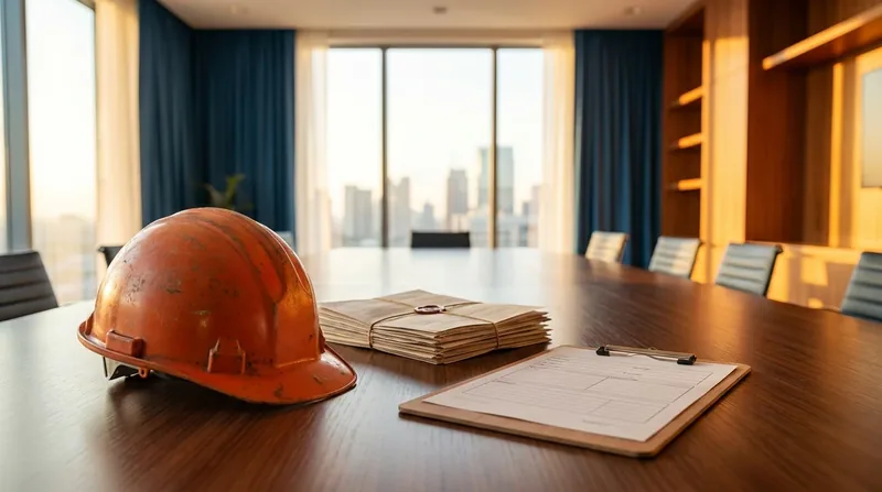Hard hat, bundled documents and a clipboard on a conference table, Illinois Workers Compensation Requirements for Employers