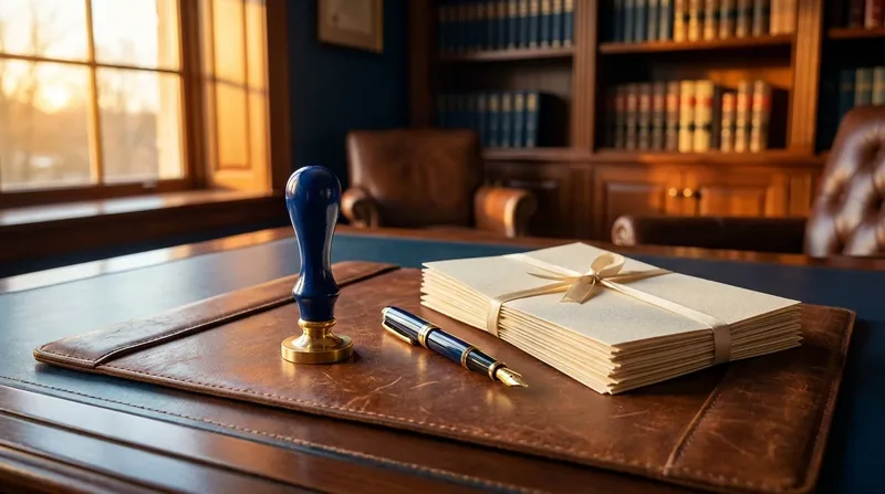 Embossing seal, fountain pen and stacked documents on a desk, How to Become an Auctioneer in Illinois and Start an Auction Business