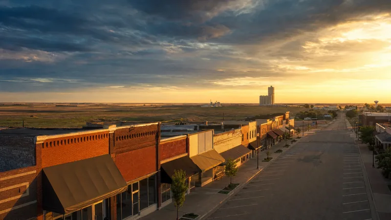Central Illinois downtown block with flat prairie farmland and a grain elevator beyond, Springfield Illinois Business License
