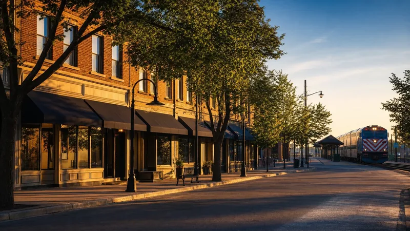 Suburban downtown street with brick storefronts and a commuter rail platform, Cook County Business License
