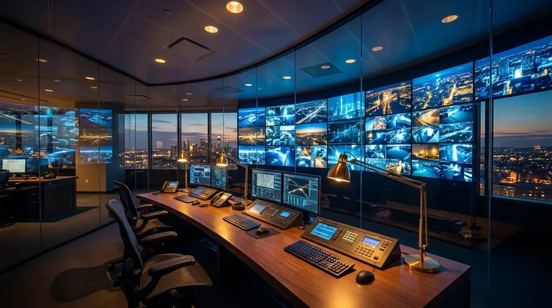 Security operations desk with a wall of camera monitors, How to Start a Security Company in Illinois