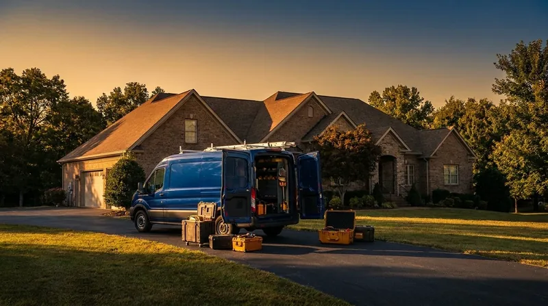 Service van and equipment outside a suburban home, How to Start a Cleaning Business in Illinois