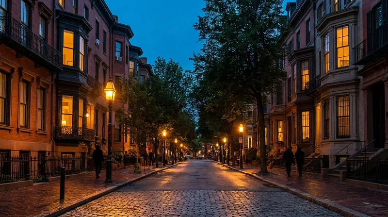 Brownstone street with bay windows and lamps at dusk, Airbnb in Chicago