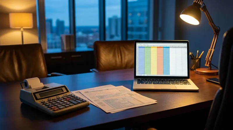 Calculator, tax forms and a laptop spreadsheet on a desk, Illinois LLC Taxes