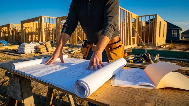 Contractor reviewing blueprints at a residential jobsite, Illinois Contractor License