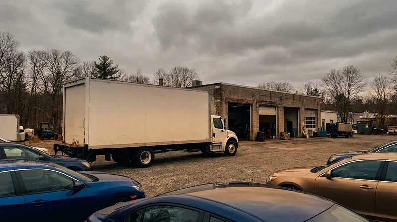 Box truck and parked cars outside a small auto business lot, How to Start a NEMT Business in Illinois